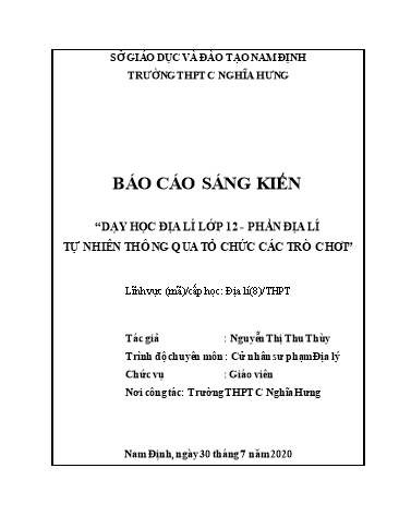 Sáng kiến kinh nghiệm Dạy học Địa lí lớp 12 - Phần Địa lí tự nhiên thông qua tổ chức các trò chơi