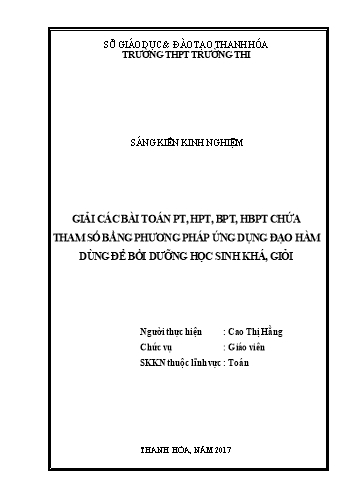 Sáng kiến kinh nghiệm Giải các bài toán PT, HPT, BPT, HBPT chứa tham số bằng phương pháp ứng dụng đạo hàm dùng để bồi dưỡng học sinh khá, giỏi