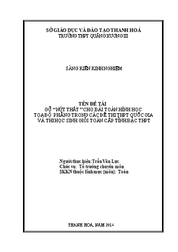 Sáng kiến kinh nghiệm Gỡ “nút thắt” cho bài toán hình học tọa độ phẳng trong các đề thi THPT Quốc gia và thi học sinh giỏi toán cấp tỉnh bậc THPT