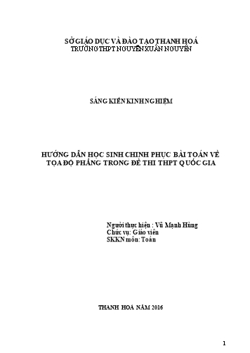 Sáng kiến kinh nghiệm Hướng dẫn học sinh chinh phục bài toán về tọa độ phẳng trong đề thi THPT Quốc gia