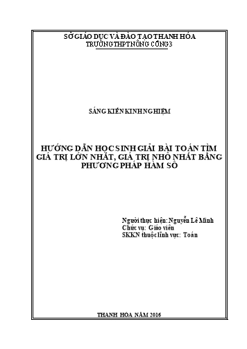 Sáng kiến kinh nghiệm Hướng dẫn học sinh giải bài toán tìm giá trị lớn, giá trị nhỏ nhất bằng phương pháp hàm số