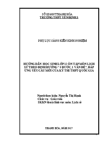 Sáng kiến kinh nghiệm Hướng dẫn học sinh lớp 12 ôn tập môn Lịch sử theo định hướng “5 bước, 1 vấn đề”, đáp ứng yêu cầu mới của kỳ thi THPT Quốc gia
