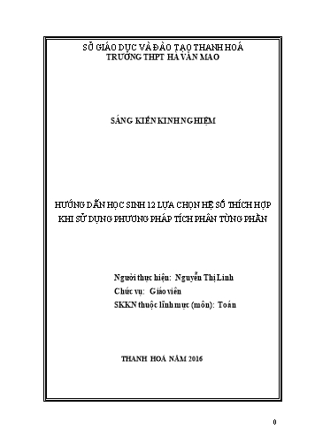 Sáng kiến kinh nghiệm Hướng dẫn học sinh lựa chọn hệ số thích hợp khi sử dụng phương pháp tích phân từng phần