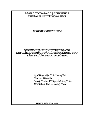 Sáng kiến kinh nghiệm Kinh nghiệm chọn hệ trục tọa độ khi giải một số bài toán hình học không gian bằng phương pháp tọa độ hóa