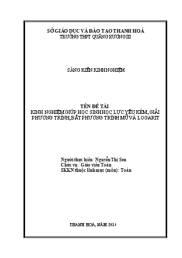 Sáng kiến kinh nghiệm Kinh nghiệm giúp học sinh yếu kém giải phương trình, bất phương trình mũ và logarit