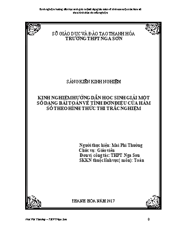 Sáng kiến kinh nghiệm Kinh nghiệm hướng dẫn học sinh giải một số dạng bài toán về tính đơn điệu của hàm số theo hình thức thi trắc nghiệm