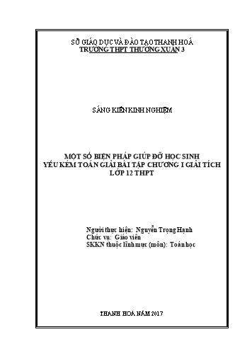 Sáng kiến kinh nghiệm Một số biện pháp giúp đỡ học sinh yếu kém toán giải bài tập chương I Giải tích lớp 12