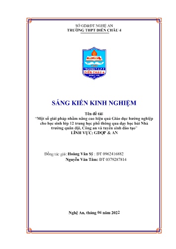 Sáng kiến kinh nghiệm Một số giải pháp nhằm nâng cao hiệu quả Giáo dục hướng nghiệp cho học sinh lớp 12 trung học phổ thông qua dạy học bài Nhà trường quân đội, Công an và tuyển sinh đào tạo