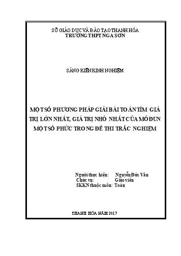 Sáng kiến kinh nghiệm Một số phương pháp giải bài toán tìm giá trị lớn nhất, giá trị nhỏ nhất của môđun một số phức trong đề thi trắc nghiệm