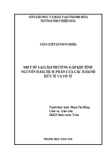 Sáng kiến kinh nghiệm Một số sai lầm thường gặp khi tính nguyên hàm, tích phân của các hàm số hữu tỉ và vô tỉ