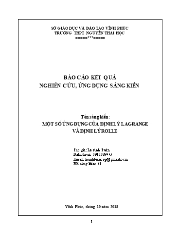 Sáng kiến kinh nghiệm Một số ứng dụng của định lý Lagrange và định lý Rolle