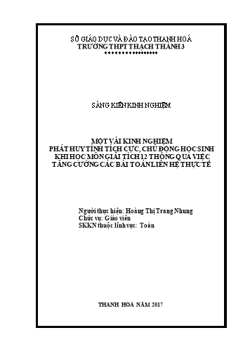 Sáng kiến kinh nghiệm Một vài kinh nghiệm phát huy tính tích cực, chủ động học sinh khi học môn Giải tích 12 thông qua việc tăng cường các bài toán liên hệ thực tế