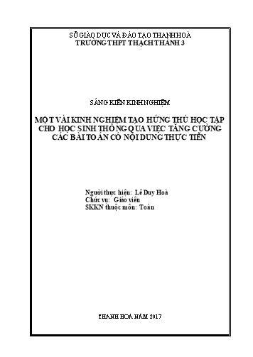 Sáng kiến kinh nghiệm Một vài kinh nghiệm tạo hứng thú học tập cho học sinh thông qua việc tăng cường các bài toán có nội dung thực tiễn