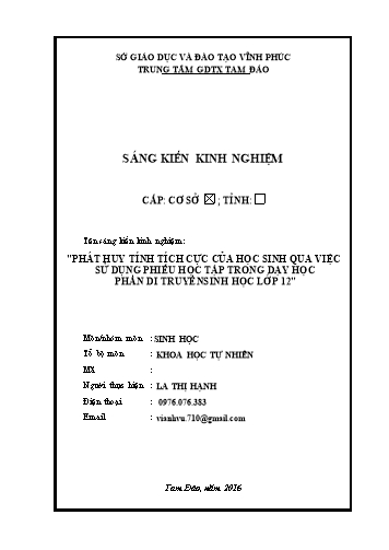 Sáng kiến kinh nghiệm Phát huy tính tích cực của học sinh qua việc sử dụng phiếu học tập trong dạy học phần Di truyền sinh học lớp 12