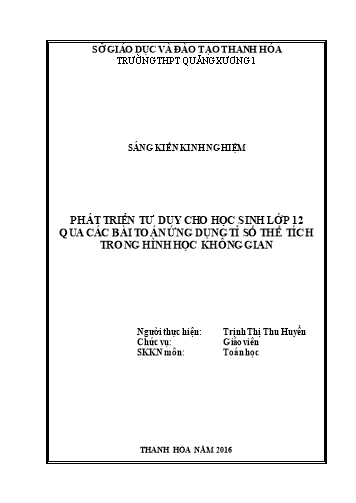 Sáng kiến kinh nghiệm Phát triển tư duy cho học sinh lớp 12 qua các bài toán ứng dụng tỉ số thể tích trong hình học không gian