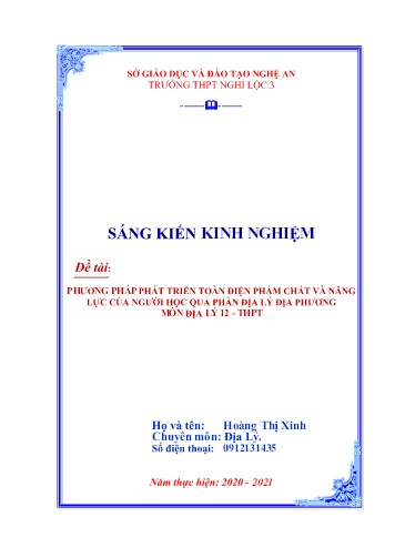 Sáng kiến kinh nghiệm Phương pháp phát triển toàn diện phẩm chất và năng lực của người học qua phần Địa lý địa phương môn Địa lý lớp 12 – THPT