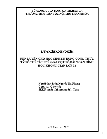 Sáng kiến kinh nghiệm Rèn luyện cho học sinh sử dụng công thức tỷ số thể tích để giải một số bài toán hình học không gian lớp 12