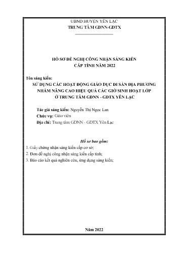 Sáng kiến kinh nghiệm Sử dụng các hoạt động giáo dục di sản địa phương nhằm nâng cao hiệu quả các giờ sinh hoạt lớp ở Trung tâm GDNN - GDTX Yên Lạc