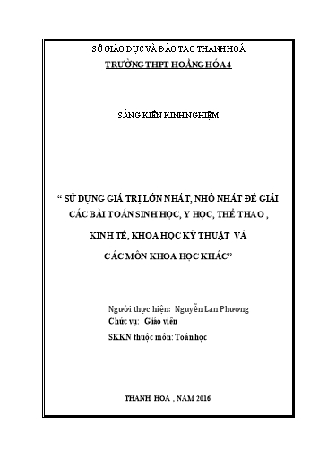 Sáng kiến kinh nghiệm Sử dụng giá trị lớn nhất, nhỏ nhất để giải các bài toán Sinh học, Y học, Thể thao, Kinh tế và các môn Khoa học khác