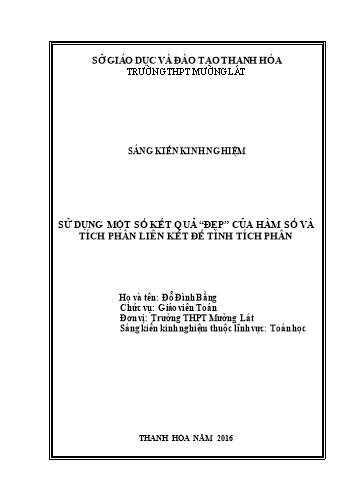 Sáng kiến kinh nghiệm Sử dụng một số kết quả “đẹp” của hàm số và tích phân liên kết để tính tích phân