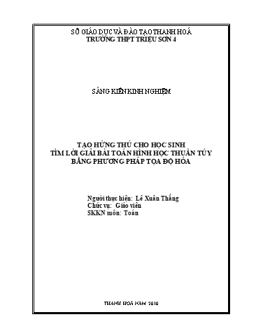 Sáng kiến kinh nghiệm Tạo hứng thú cho học sinh tìm lời giải bài toán hình học thuần túy bằng phương pháp tọa độ hóa