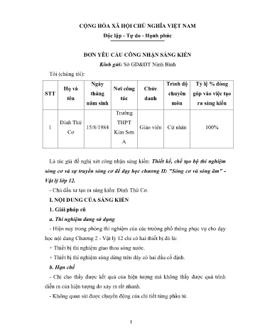 Sáng kiến kinh nghiệm Thiết kế, chế tạo bộ thí nghiệm sóng cơ và sự truyền sóng cơ để dạy học chương II Sóng cơ và sóng âm - Vật lý lớp 12