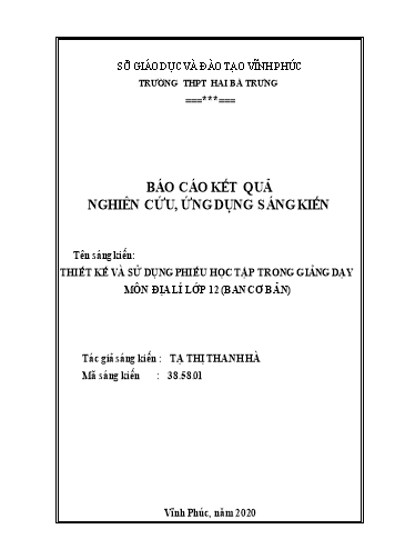 Sáng kiến kinh nghiệm Thiết kế và sử dụng phiếu học tập trong giảng dạy môn Địa lí lớp 12 – Ban cơ bản
