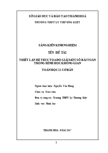 Sáng kiến kinh nghiệm Thiết lập hệ trục tọa độ giải một số dạng toán Hình học không gian