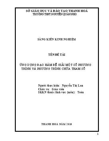 Sáng kiến kinh nghiệm Ứng dụng đạo hàm để giải một số phương trình và phương trình chứa tham số