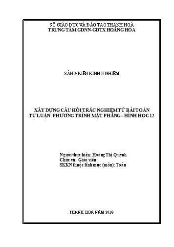 Sáng kiến kinh nghiệm Xây dựng câu hỏi trắc nghiệm từ bài toán tự luận Phương trình mặt phẳng - Hình học 12